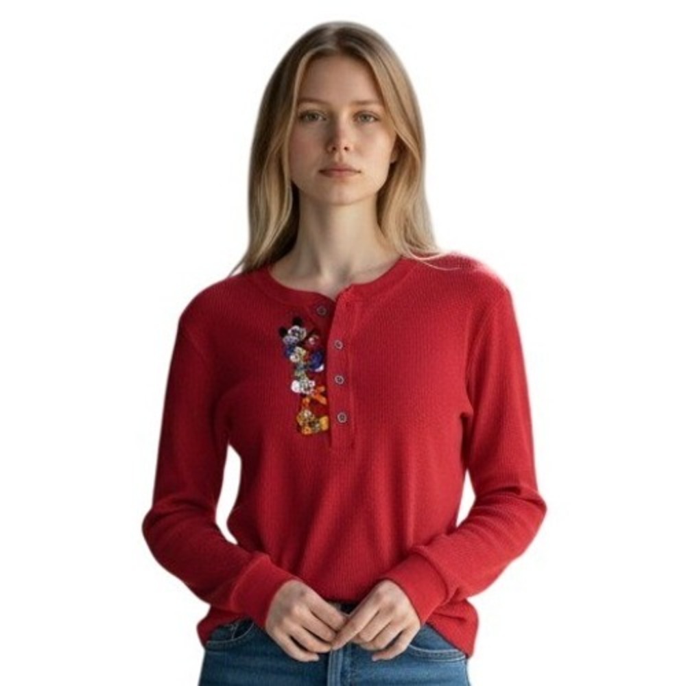 Y2k 90s Vintage Disney Waffle Knit Thermal Henley Unisex size Small Mickey Mouse